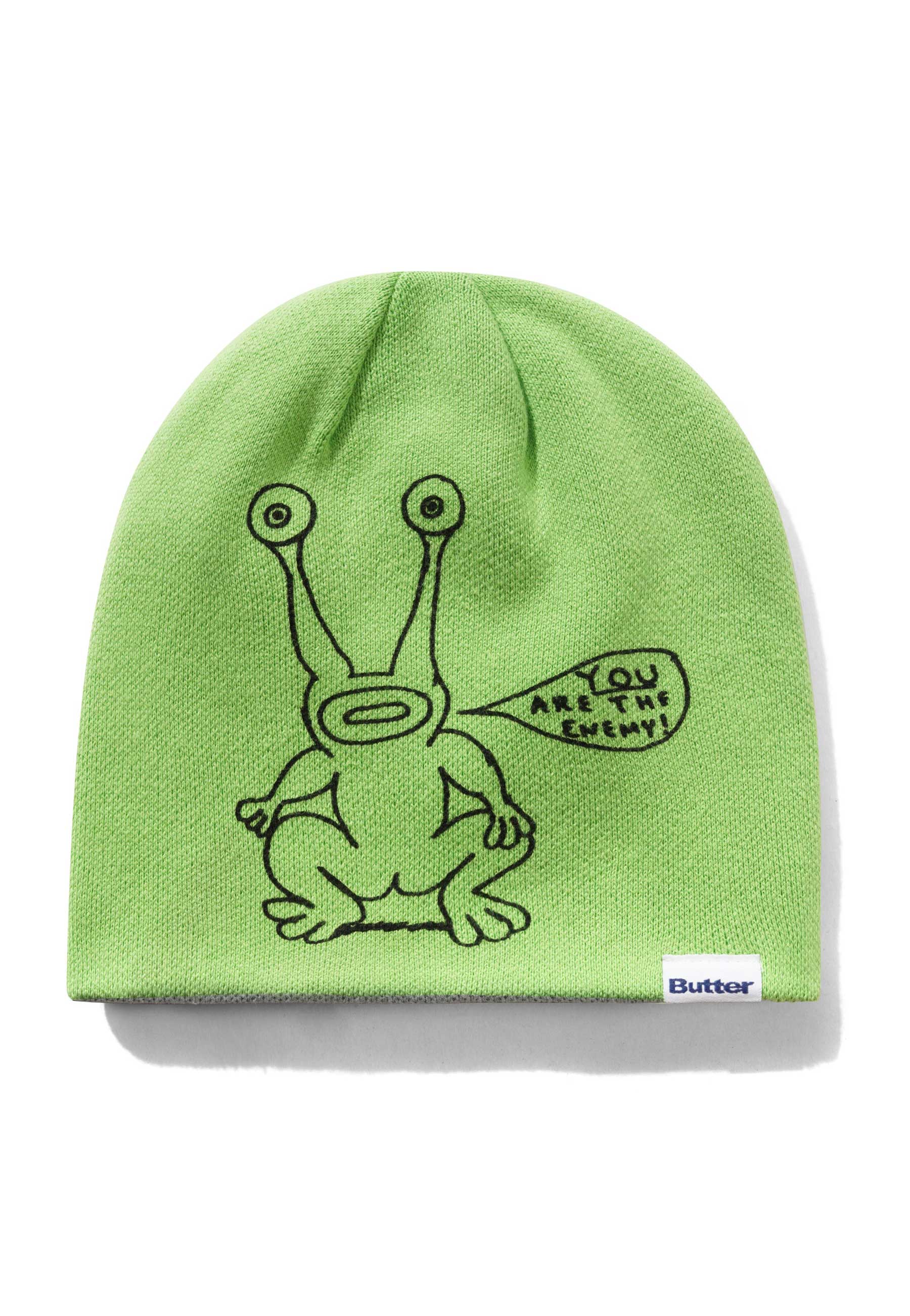 Butter Goods X Daniel Johnston 'Frog' Skully Reversible Beanie (Lime / Grey) - Image 2